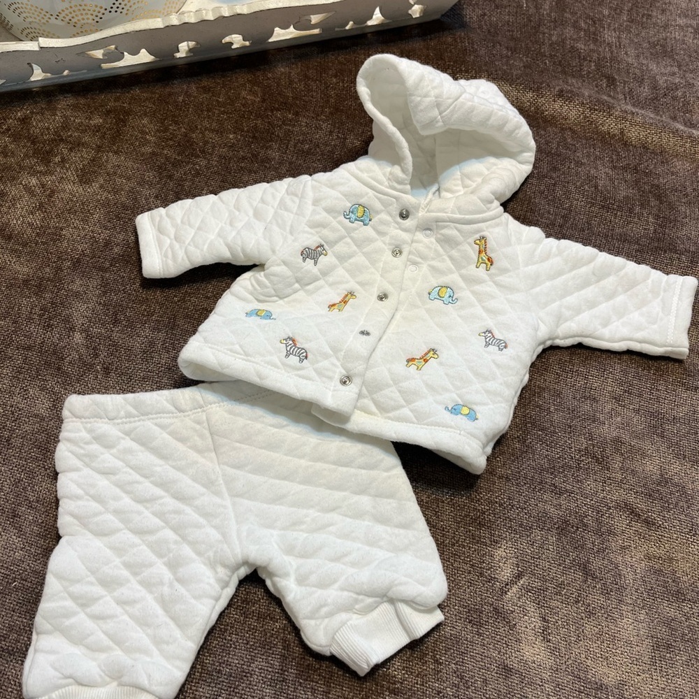 White Quilted Baby Outfit - Jacket & Pants with Baby Animals on front of Jacket